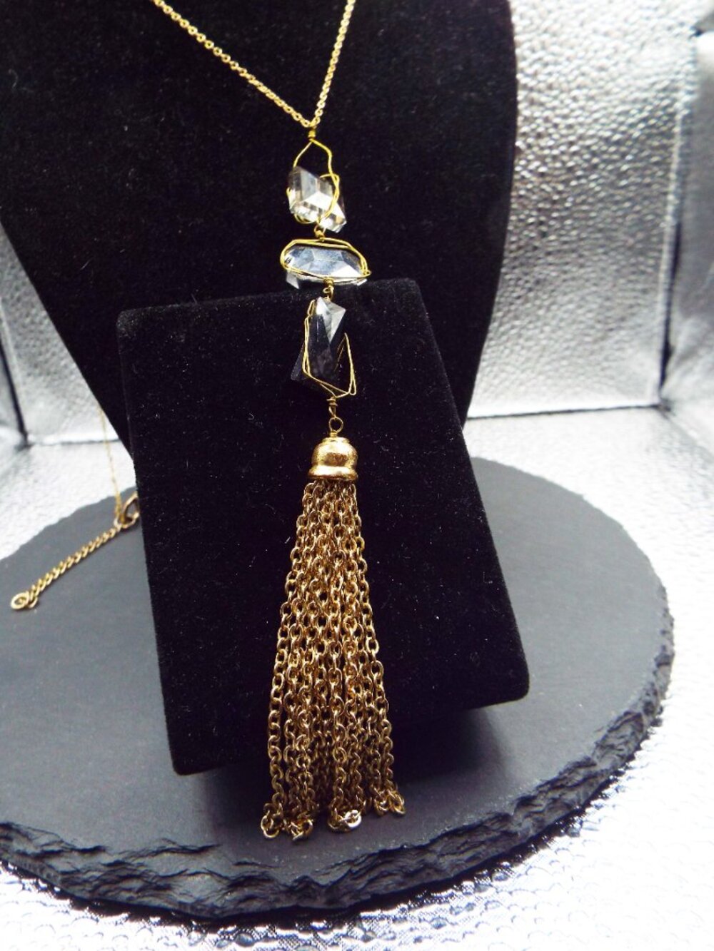 THREE ARTISAN WRAPPED FACETED CRYSTALS 30" LONG NECKLACE WITH TASSEL 19